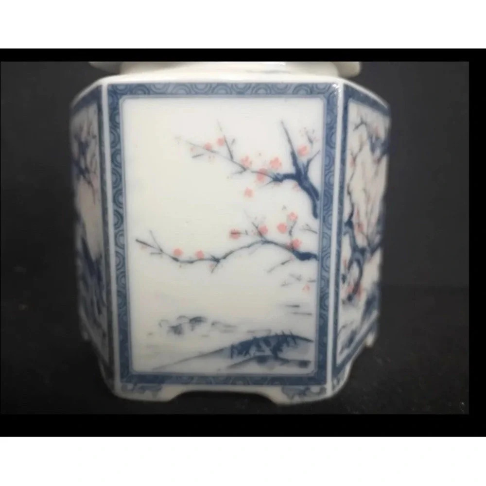 Vintage Hexagon Blue and White Ceramic Sugar and Creamer Set Cherry Blossom